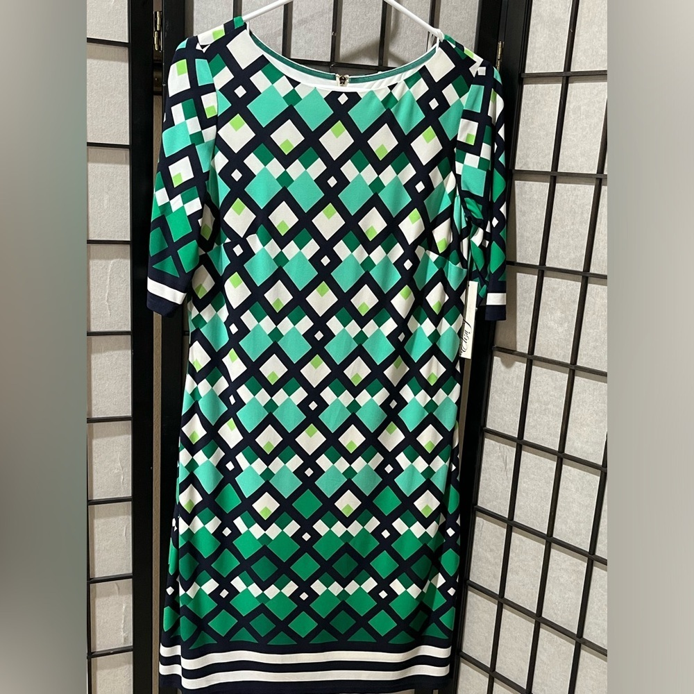 ELIZA J Geometric Green & Navy Shift Dress KNEE LENGTH SIZE 8